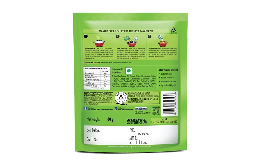 ITC Master Chef Vegetable Biryani Cooking Paste   Pack  80 grams